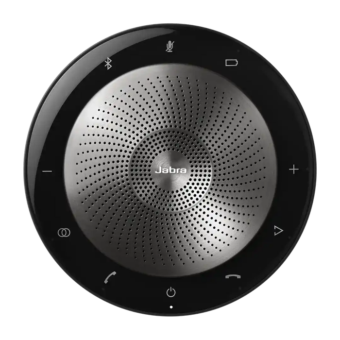 Black circular Jabra Speak 710 portable conference speaker with metallic grille, touch controls, and LED indicators for high-quality audio calls